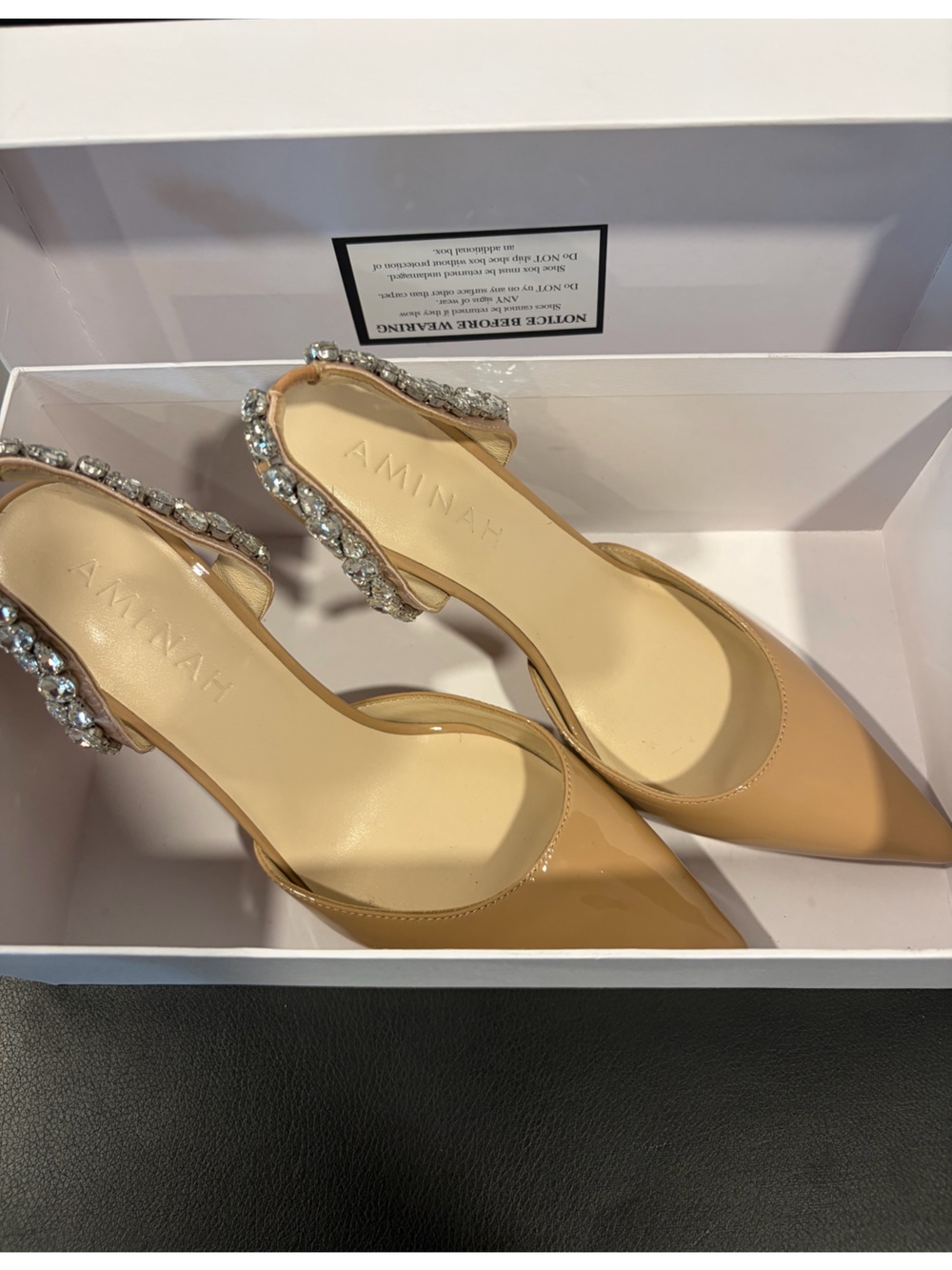 Aminah Nude Patent Slingback Heels with Crystal Ankle Strap